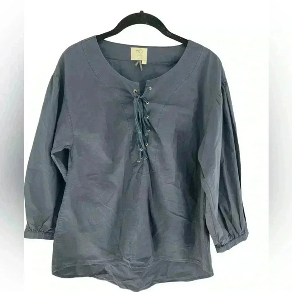 Anthropologie HD In Paris Lace Up Navy Blue Blouse Size Small - Picture 9 of 9